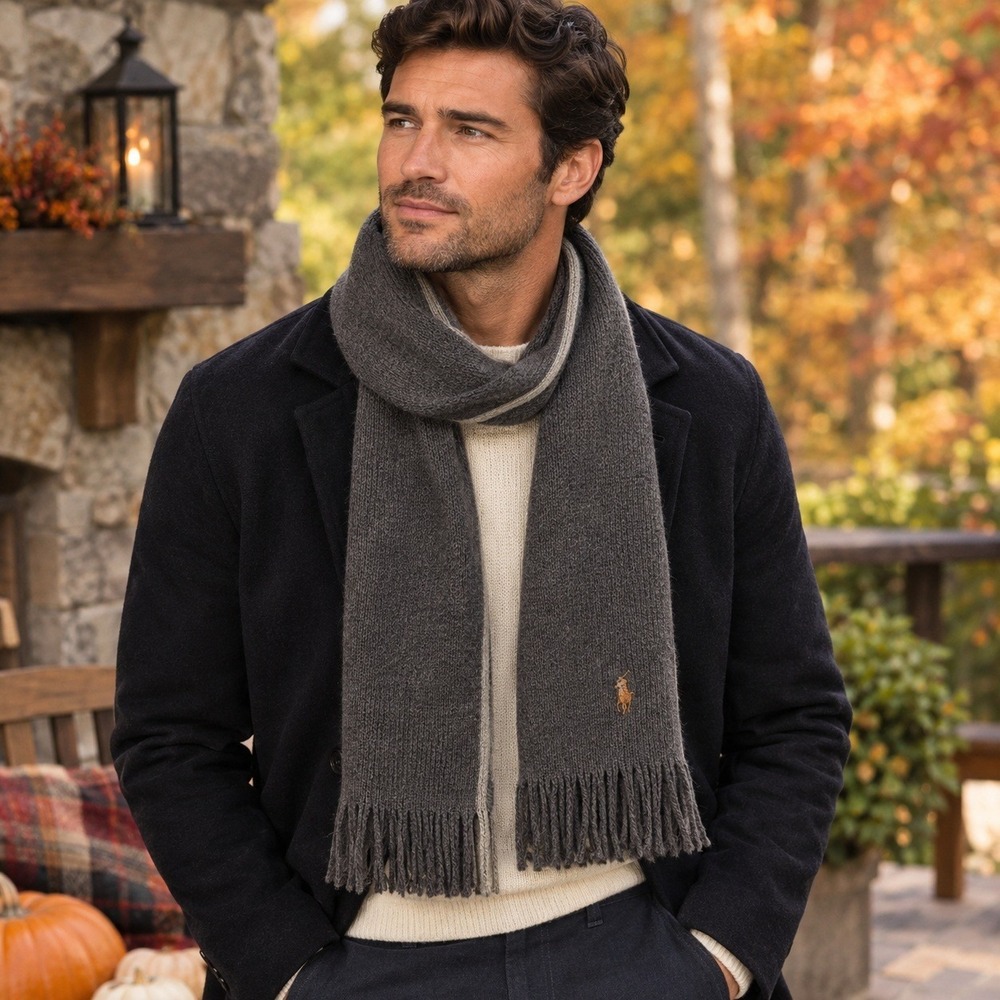 Polo Ralph Lauren Scarf Mens Rib Knit Fringed Pony Logo Gray One Size